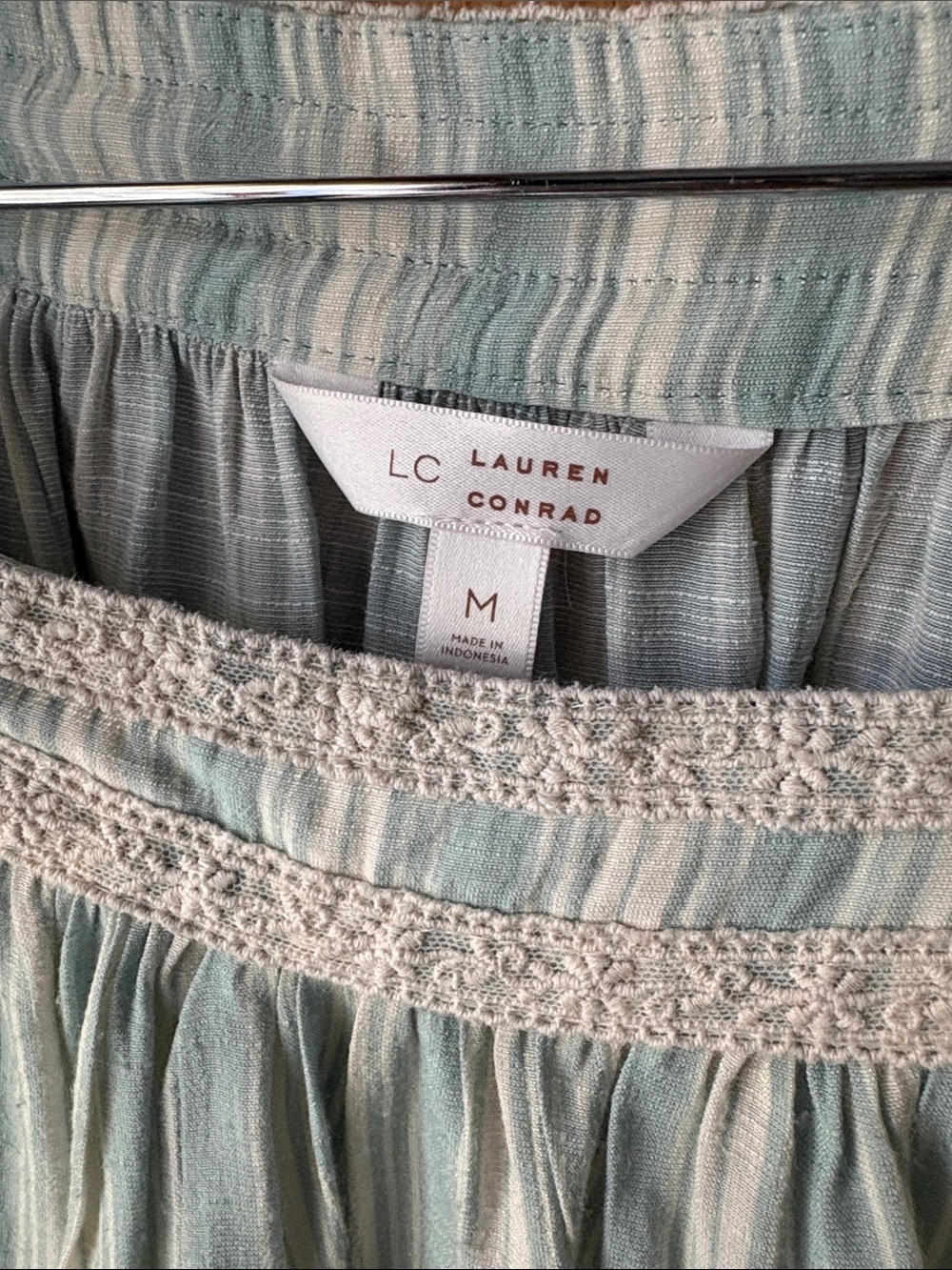 LC Lauren Conrad Mint-Striped Crochet Trim Peasant Blouse - Picture 2 of 5